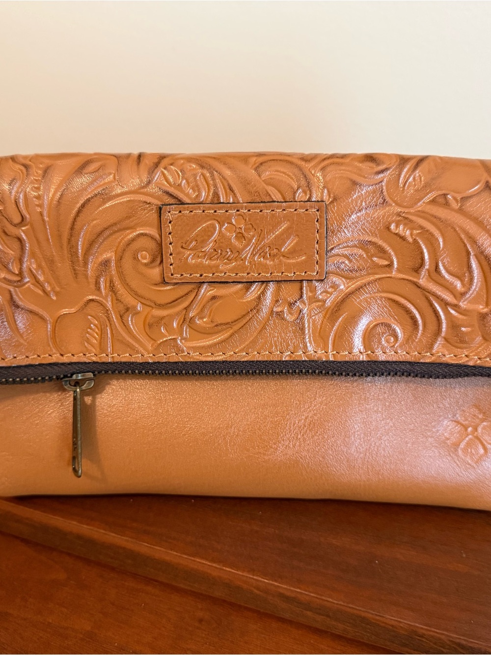 Patricia Nash Tooled Vegan Leather Clutch in Saddle